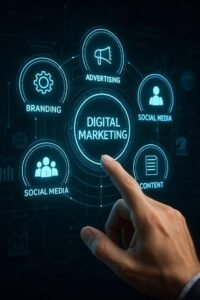 Digital marketing strategy interface with branding, advertising, social media, and content icons on a glowing technology screen.